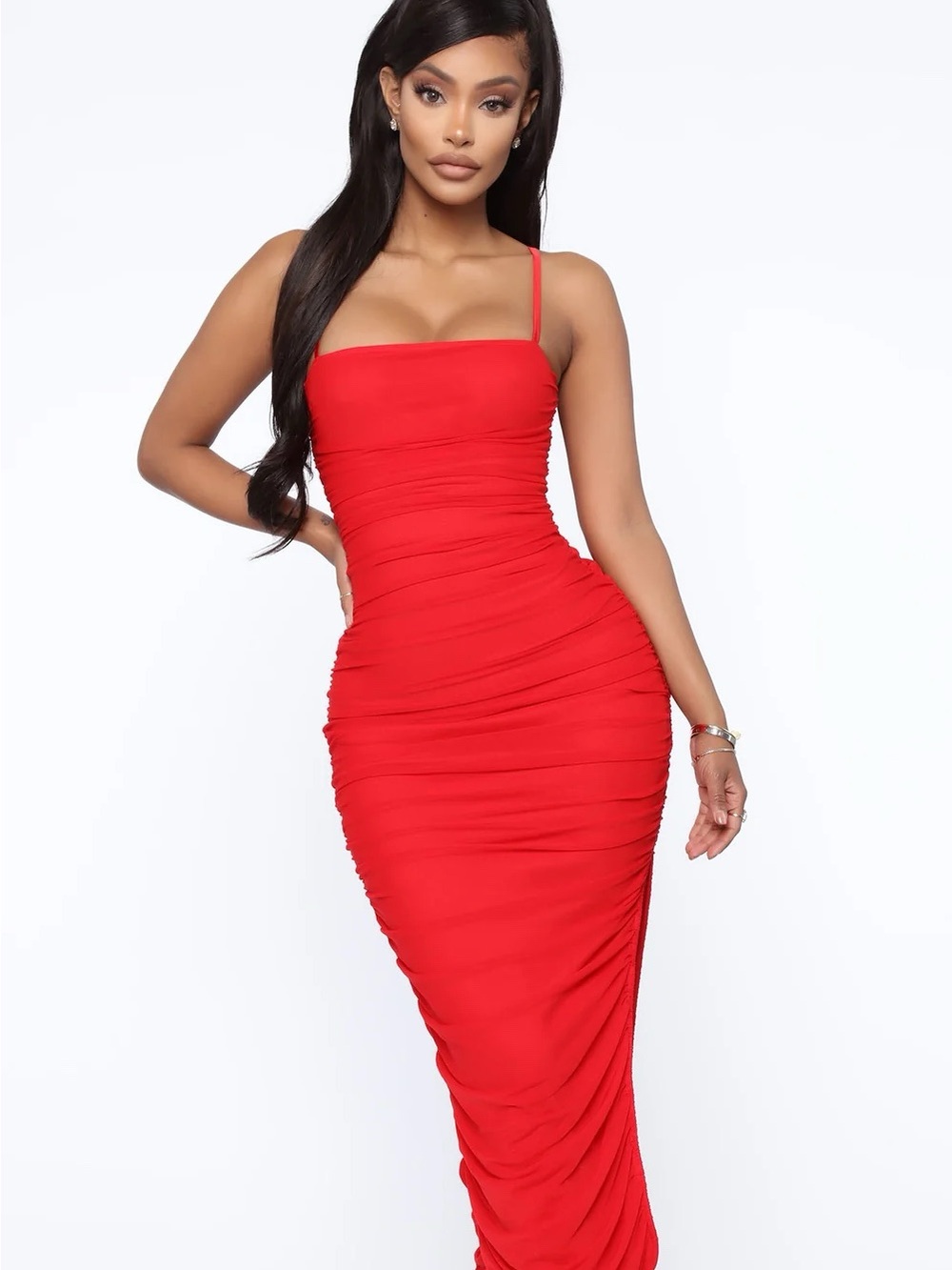 Fashion Nova Red Ruched Bodycon Maxi Dress